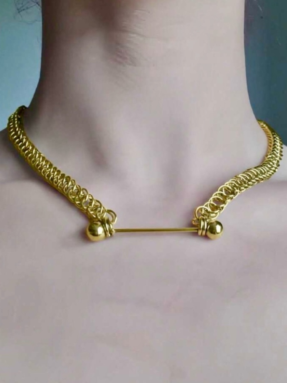 Stainless Steel Gold Barbell Necklace Statement Chunky Tarnish Free